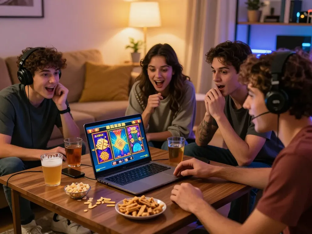 Teman-teman yang antusias bermain permainan slot laoban188 di laptop.