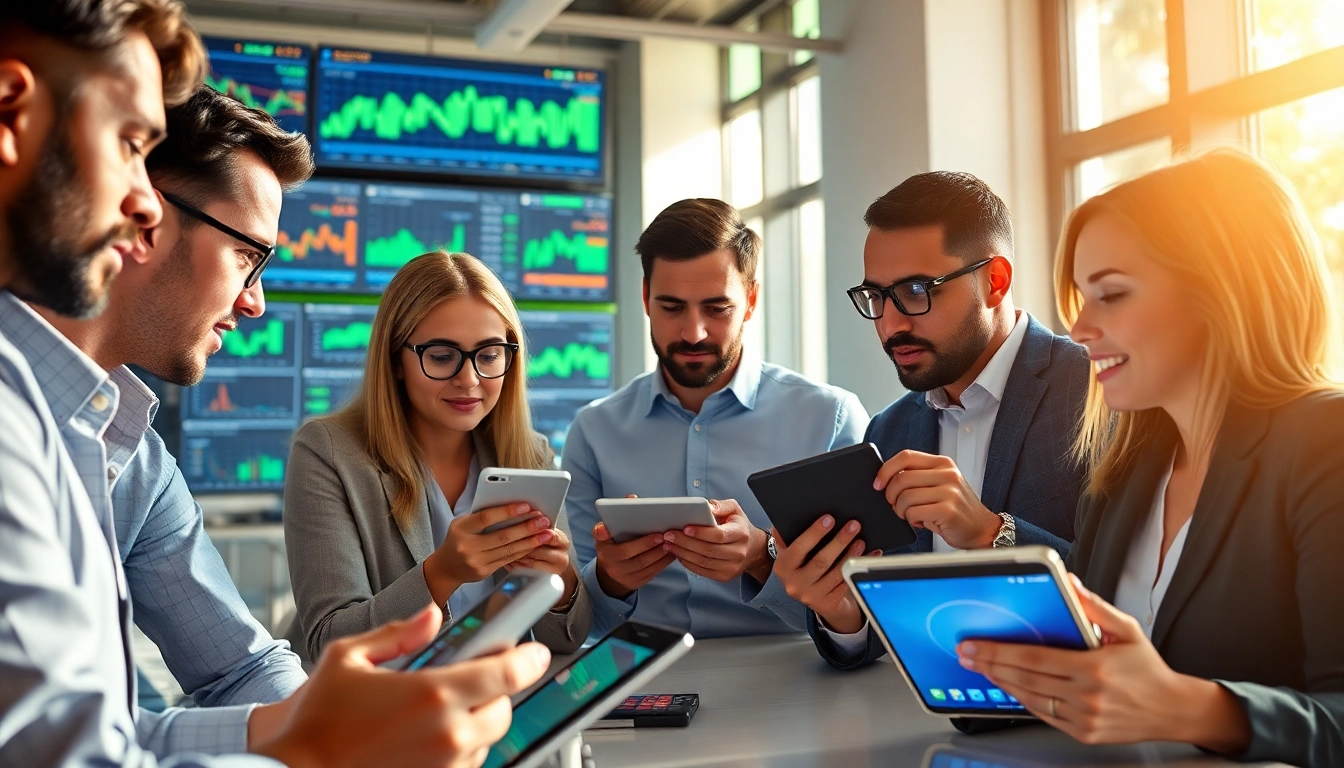 Engaged professionals analyzing crypto data on digital devices in a bright office setting.