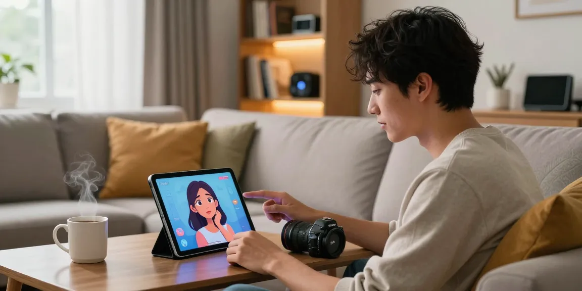 Young man chatting with his AI girlfriend on a tablet in a cozy living room, conveying emotional connection.