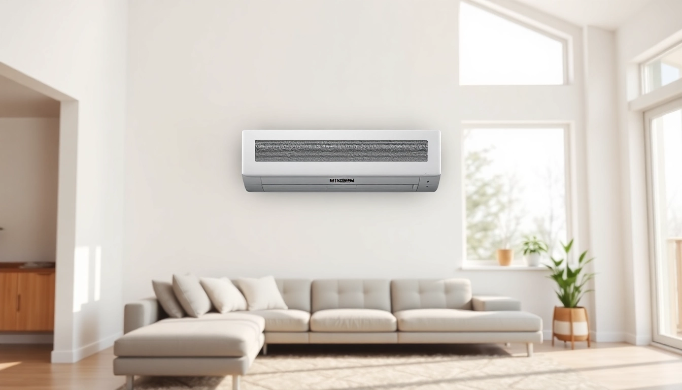 Mitsubishi mini split AC installed in a modern home, showcasing efficiency and style within a cozy environment.