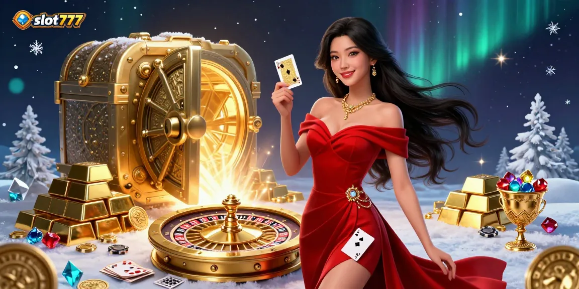 Engage with slot777's vibrant scene showcasing casino excitement with a glamorous young woman and golden treasures.