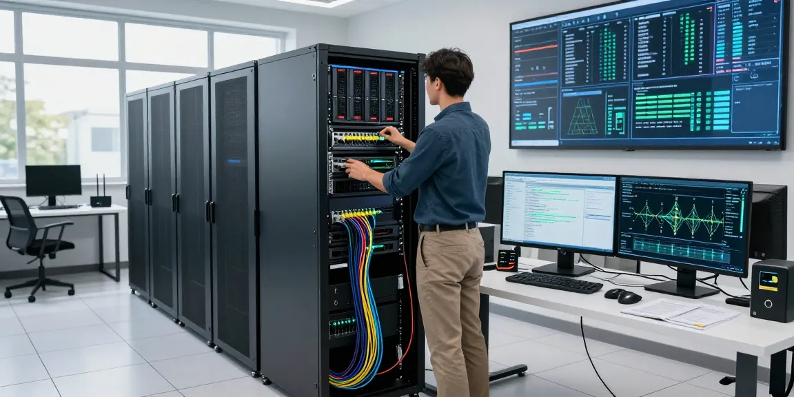vps hosting configuration in a modern server room with IT professional and high-tech equipment