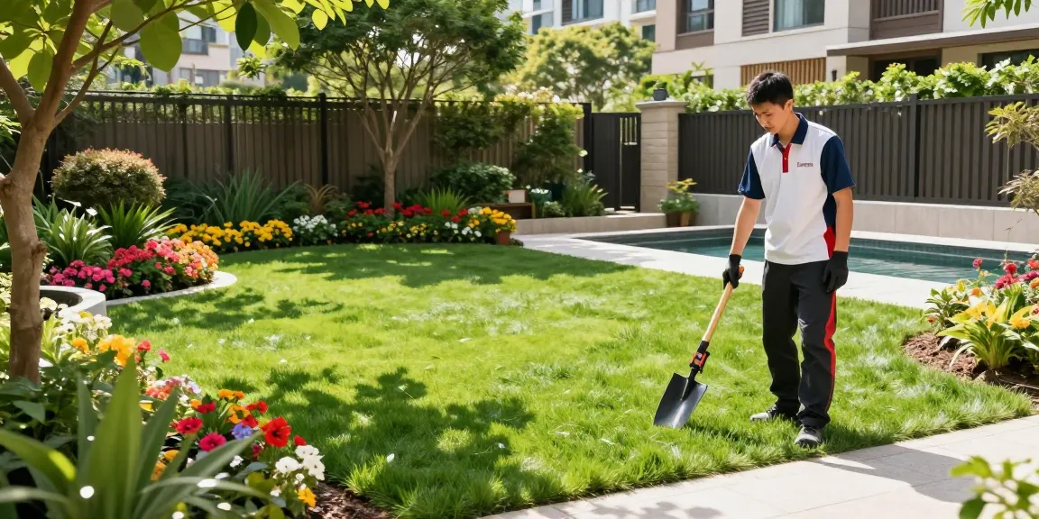 Lawn care service Hong Kong expert pruning a vibrant garden, showcasing professional landscaping techniques in a serene residential setting.