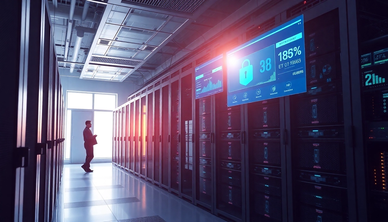 Visual representation of CDN with DDoS Protection highlighting a secure data center with cybersecurity elements.
