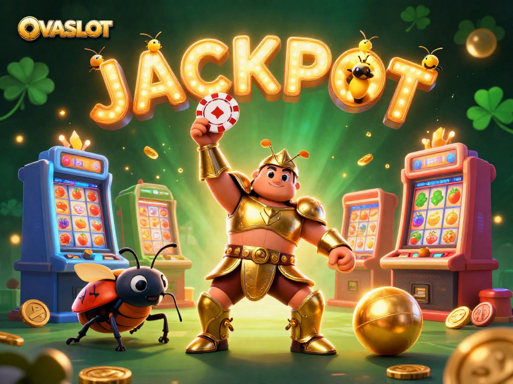 Spin to win at OVASLOT with a dynamic scene of victorious beetles and glowing slot machines.