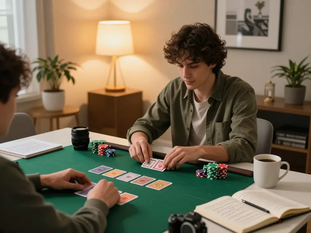 Player enjoying online poker strategies with qq8827 on a cozy home setup, enhancing strategic gameplay.