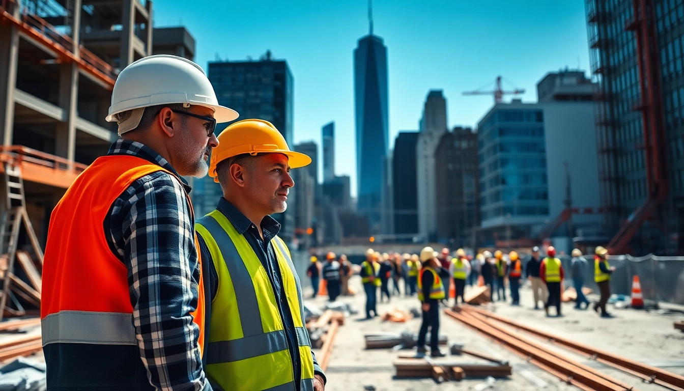 Dynamic scene showing a New York City General Contractor leading a construction project amid the iconic skyline.