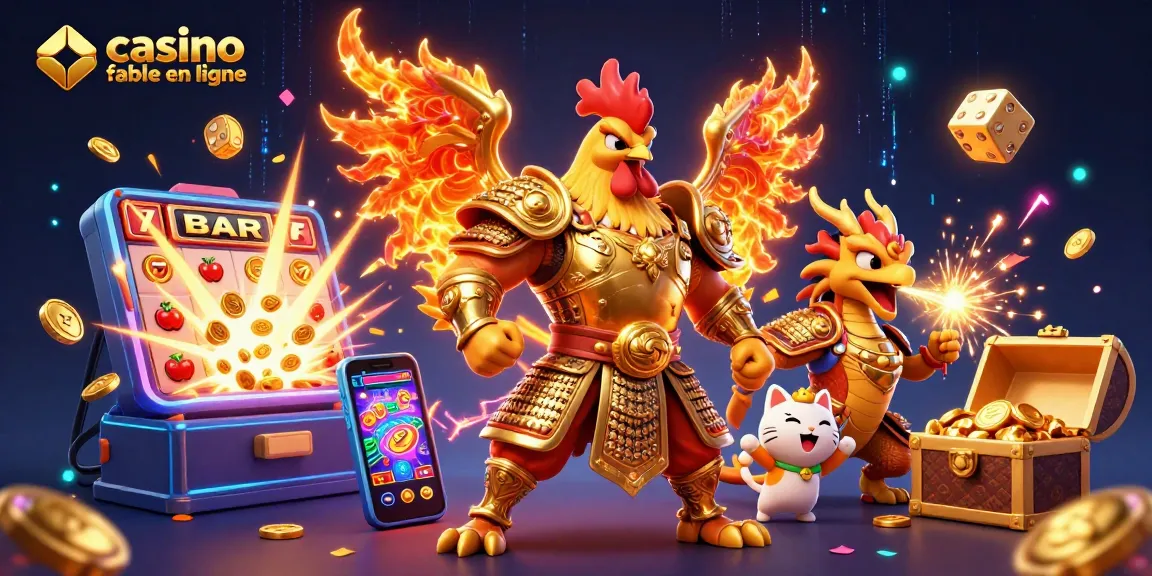 Rejoignez l'univers captivant du casino fiable en ligne, avec un guerrier coq et un dragon jouant aux machines à sous.