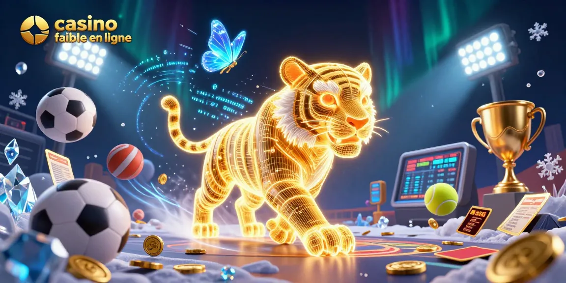 Un casino fiable en ligne avec un tigre doré et des ballons de sport animés dans un paysage numérique.