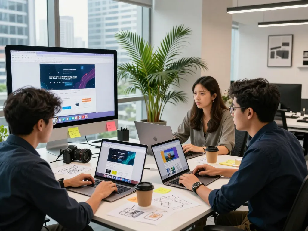 Freelance website designer Malaysia collaborating in vibrant Kuala Lumpur studio, showcasing creative teamwork and innovative projects.