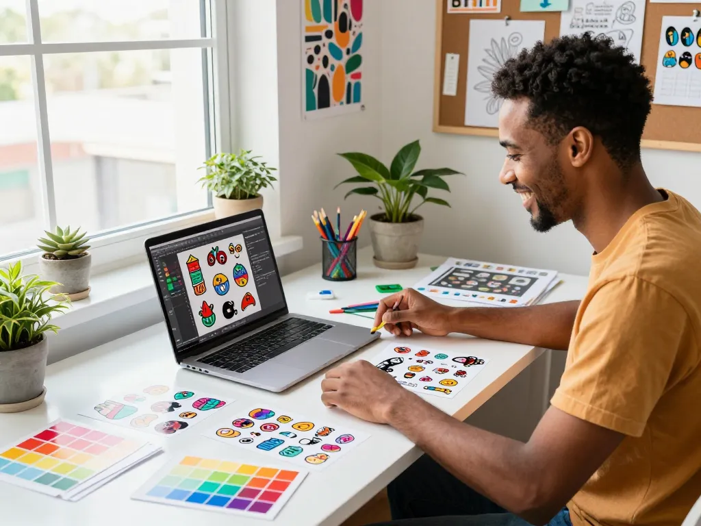 Designer creating custom stickers with vibrant colors and samples.
