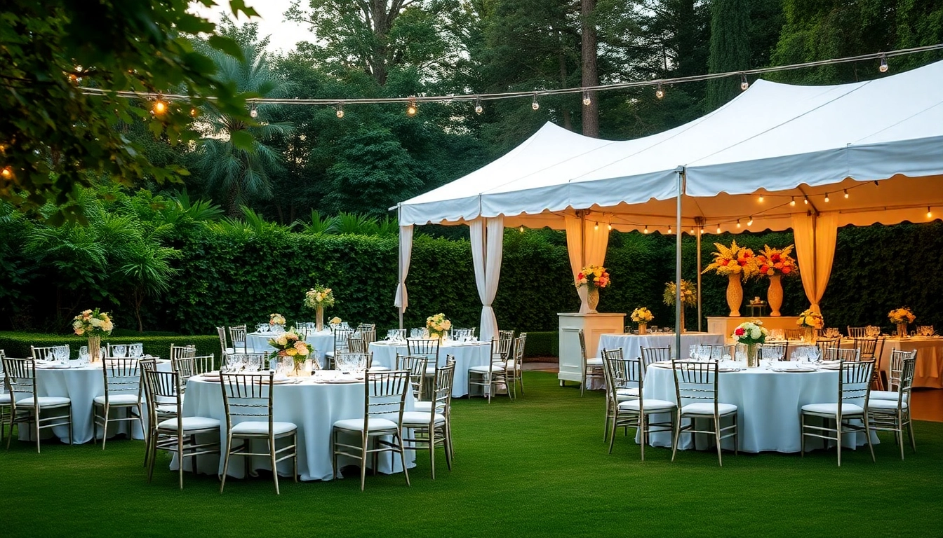 Experience stunning Event Rentals arrangements with elegant tents and tables in a beautiful garden.