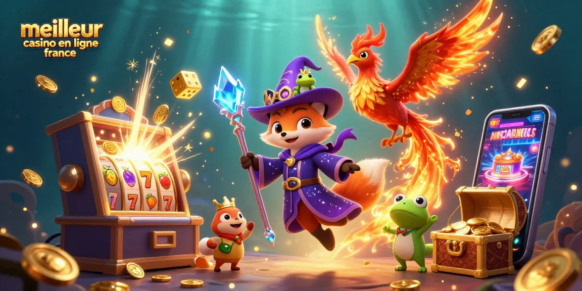 Illustration d'un sorcier et un phénix pour le meilleur casino en ligne France, avec des machines à sous et des pièces d'or.