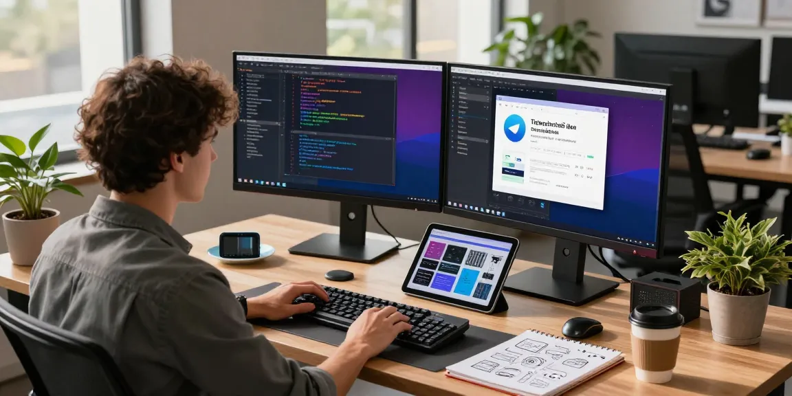 Modern developer workspace showcasing the creation of 纸飞机中文版 app with coding, tech gadgets, and natural light.