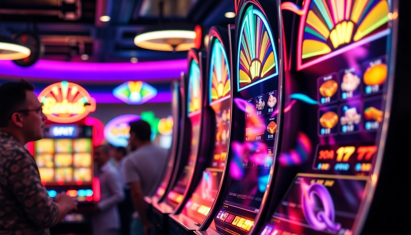 Engage with a thrilling link slot demo featuring a lively casino atmosphere with players.