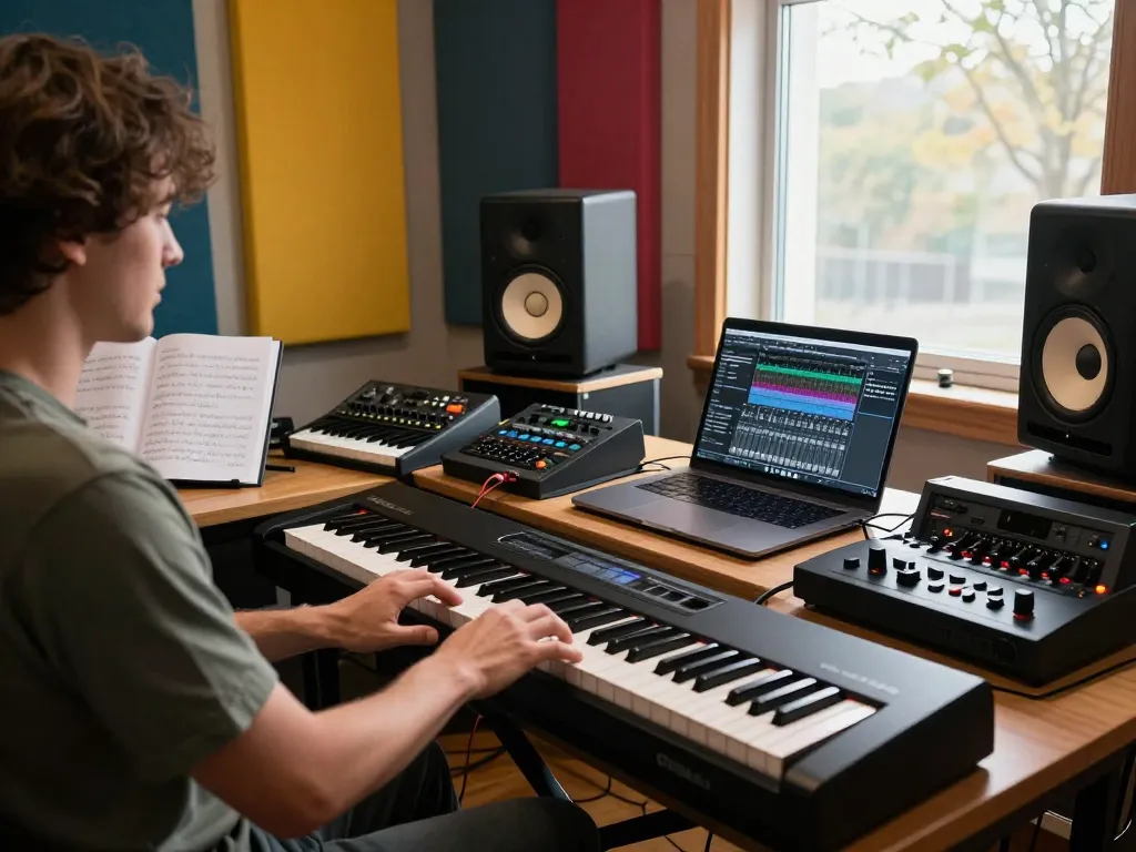 Playing the go 88 digital piano in a vibrant music studio with equipment and natural light.