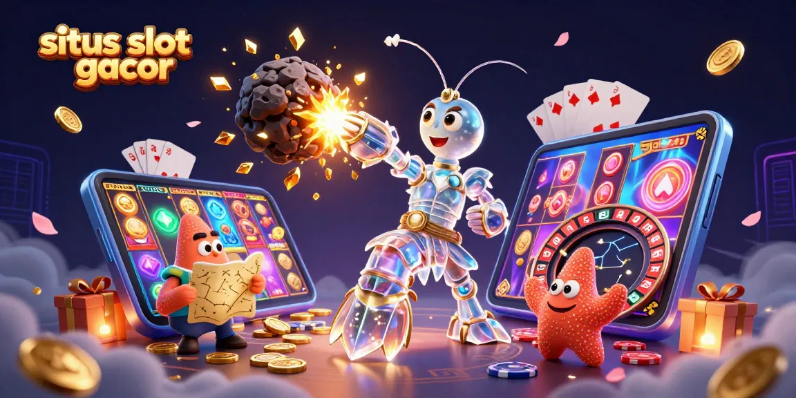 situs slot gacor showcases 3D characters winning big with colorful slots and exploding gems in a vibrant casino scene