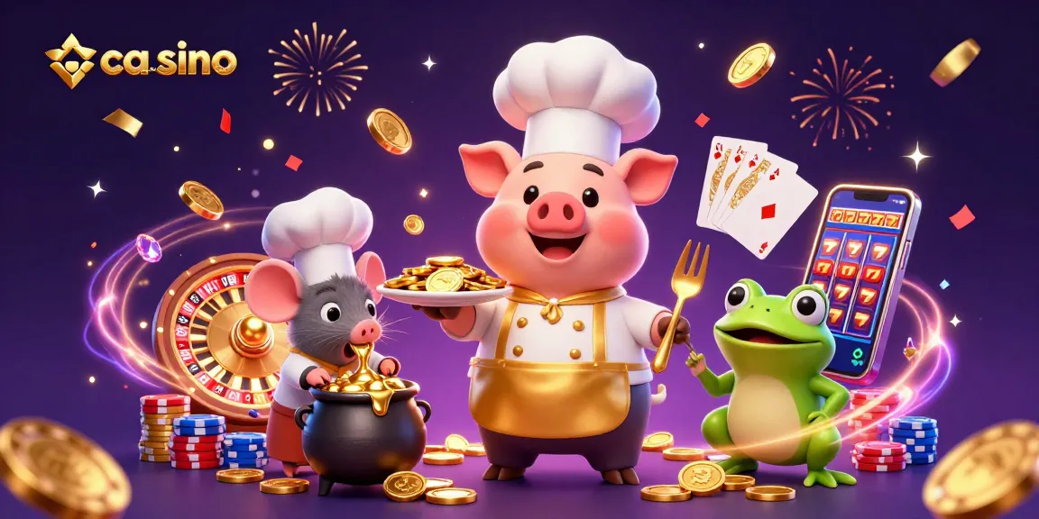 Jouez au casino fiable en ligne avec une scène animée de personnages de chefs autour de pièces d'or et jeux de cartes.