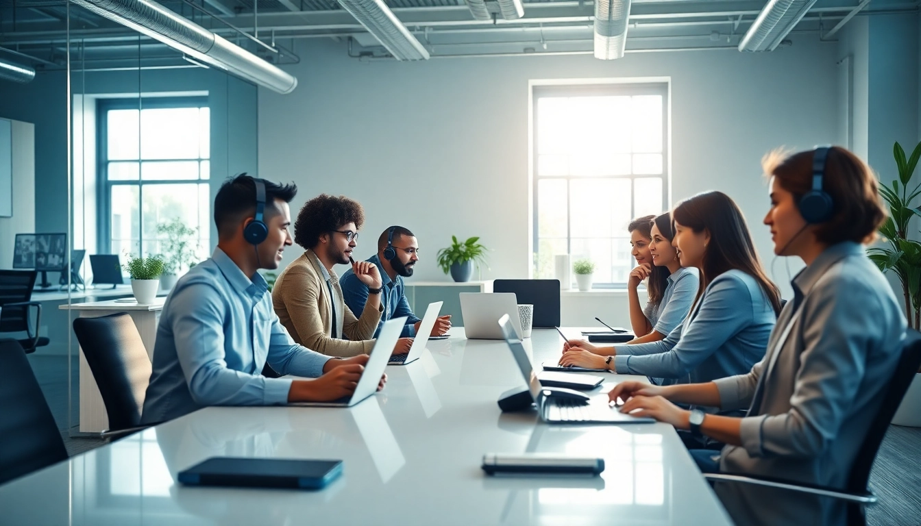 Business phone providers team collaborating in a modern office setting.