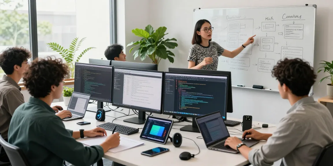 Team collaborating in a modern tech workspace, enhancing telegram中文版 user experience.