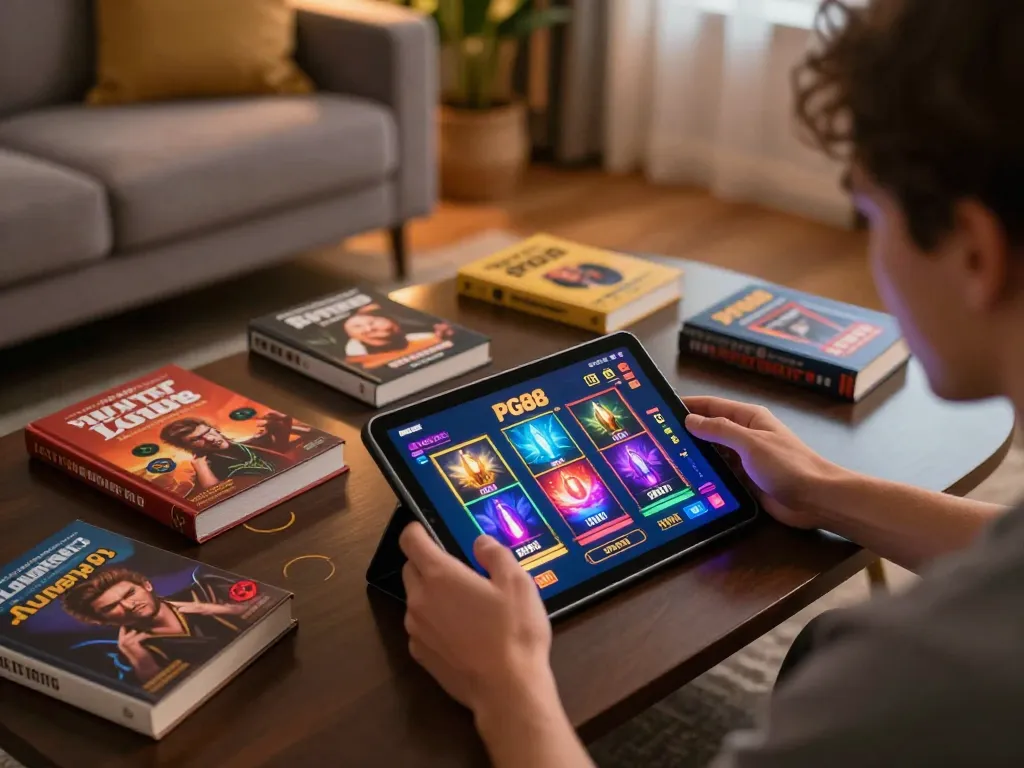 Engaging with PG88's lively interface during an online casino session in a stylish home.