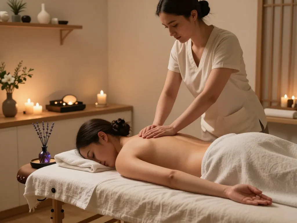 마포스웨디시 massage therapy room showcasing a tranquil atmosphere with soothing elements.
