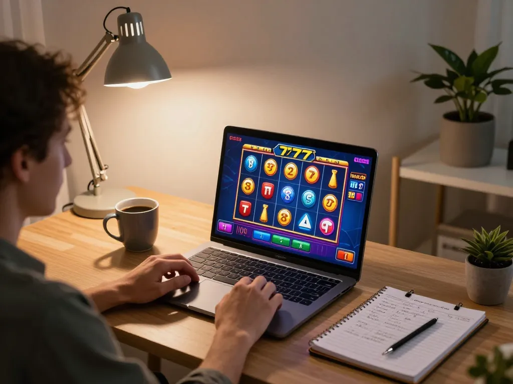 Playing slot77 on a laptop with vibrant graphics and cozy home office atmosphere