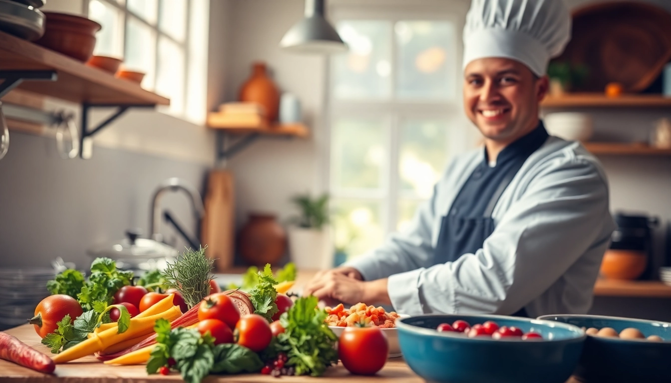 Discover fascinating dish facts through a chef preparing colorful meals in a bright kitchen.