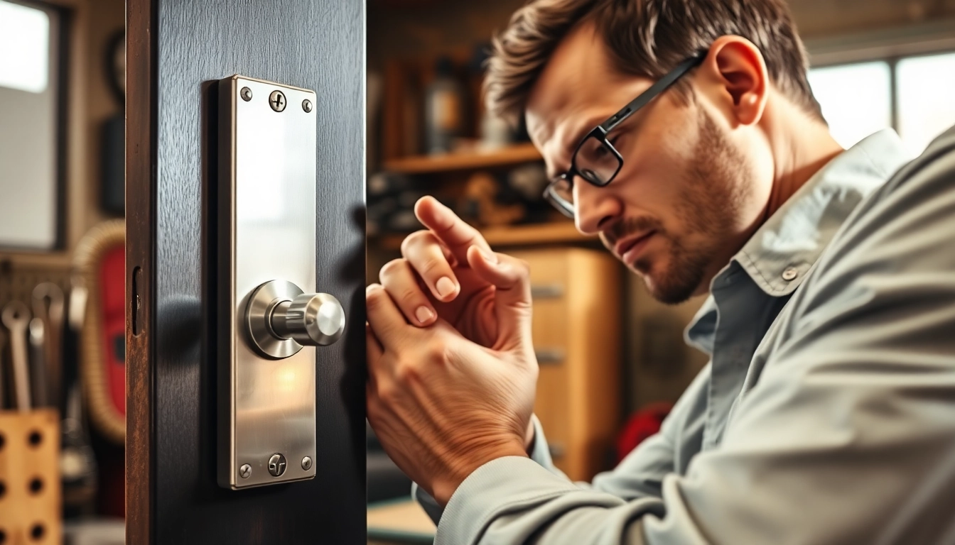 Durham locksmith skillfully working on a modern door lock in a bright workshop.