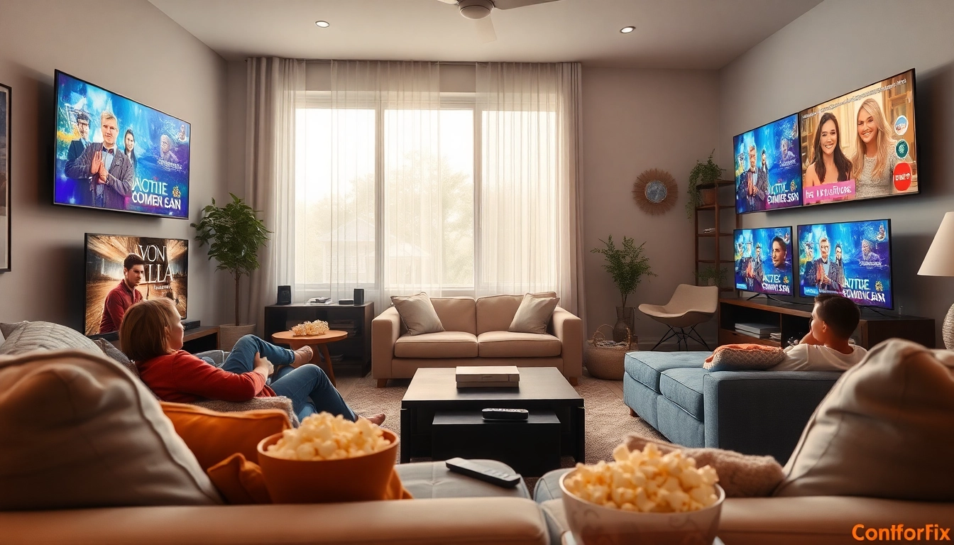 Watch full episodes online in a cozy living room with streaming devices and warm lighting.