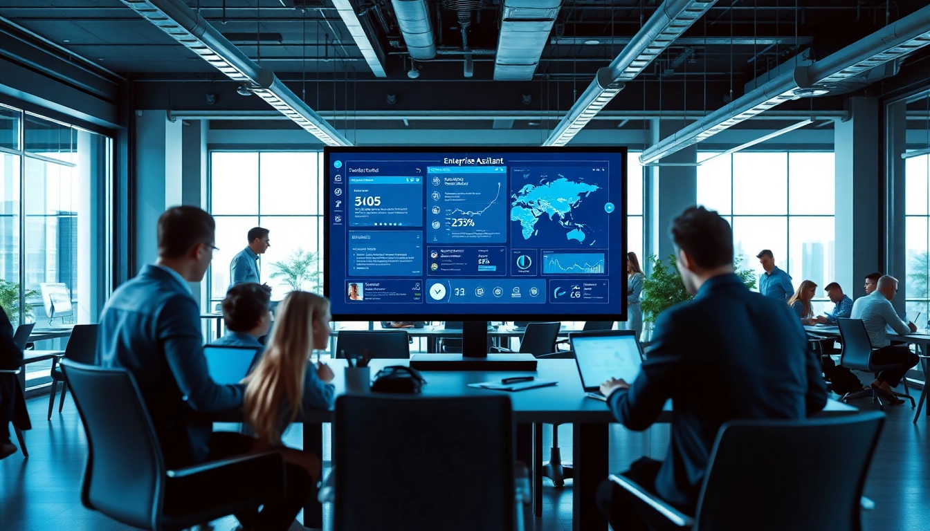 Enhance productivity with a modern enterprise assistant interface in a bustling office environment.