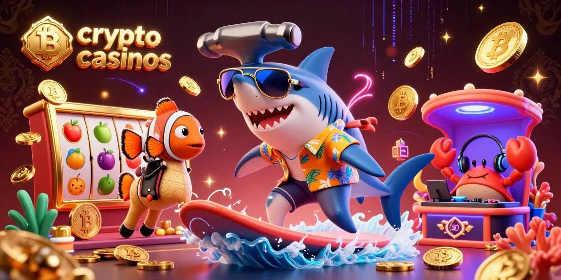 Les crypto casinos présentent un requin marteau surfant sur des pièces dorées, symbolisant le jeu et la chance.
