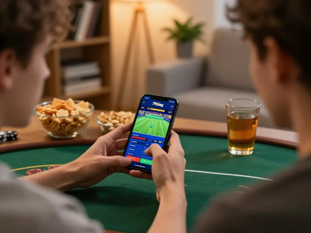 Player immersed in the 79king app for online betting, illustrating casual gambling excitement.