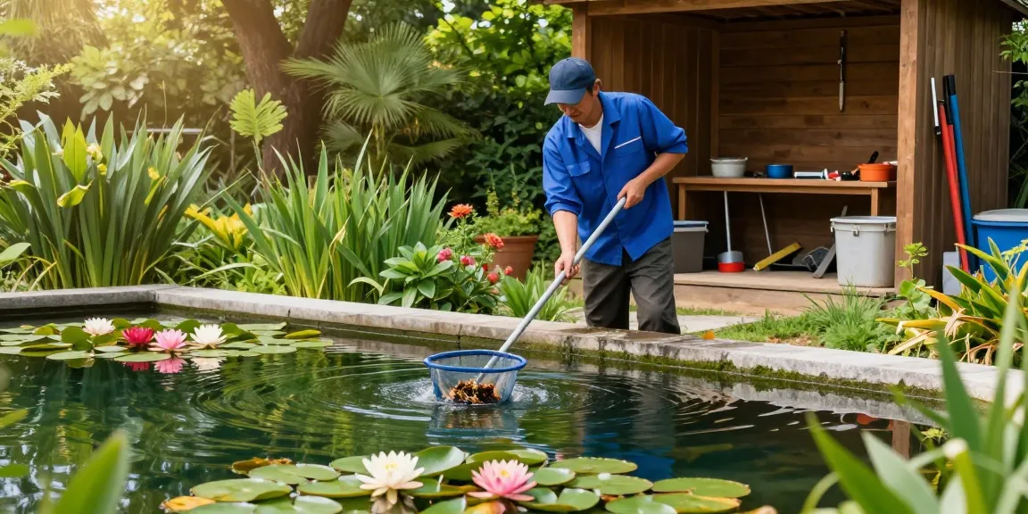Professional Pond Cleaning Sussex with a technician cleaning a serene pond surrounded by greenery.