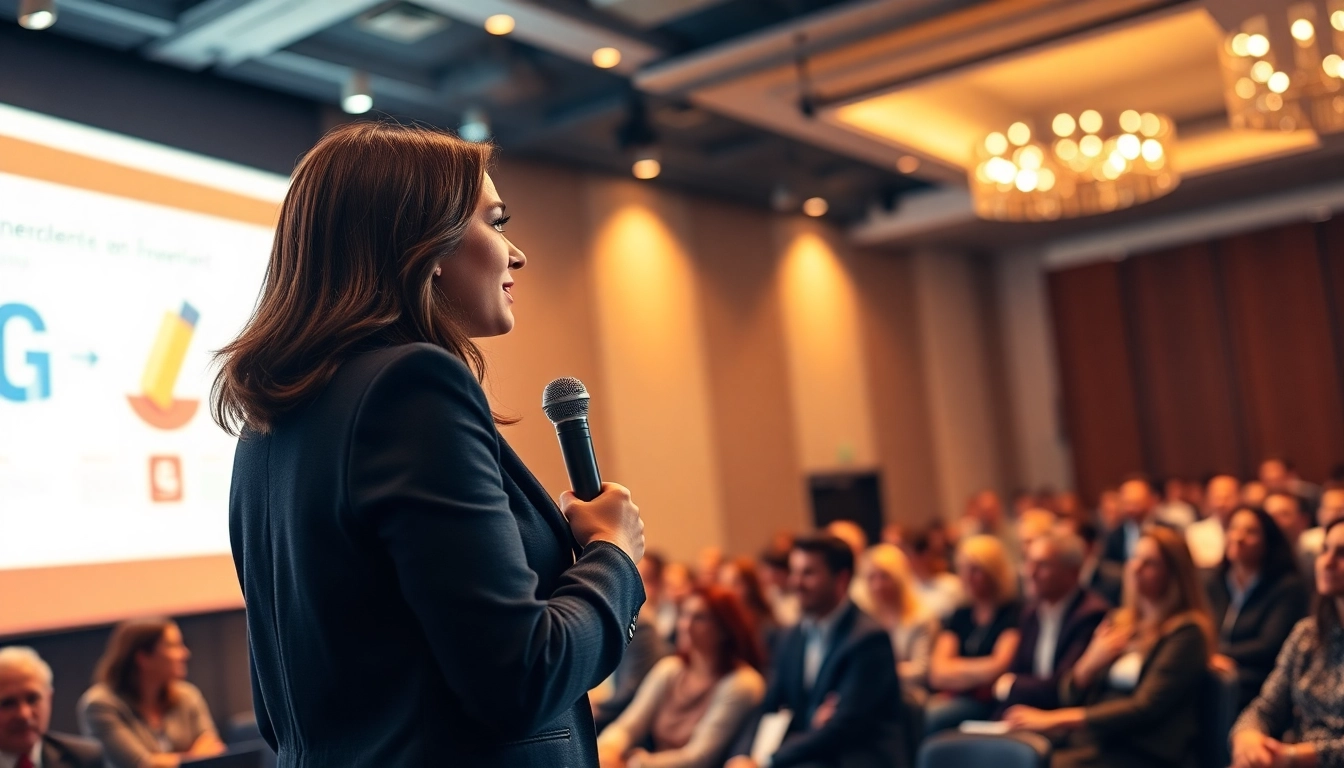 Attendee engaged in Public Speaking Training with a confident speaker, in a vibrant conference room.