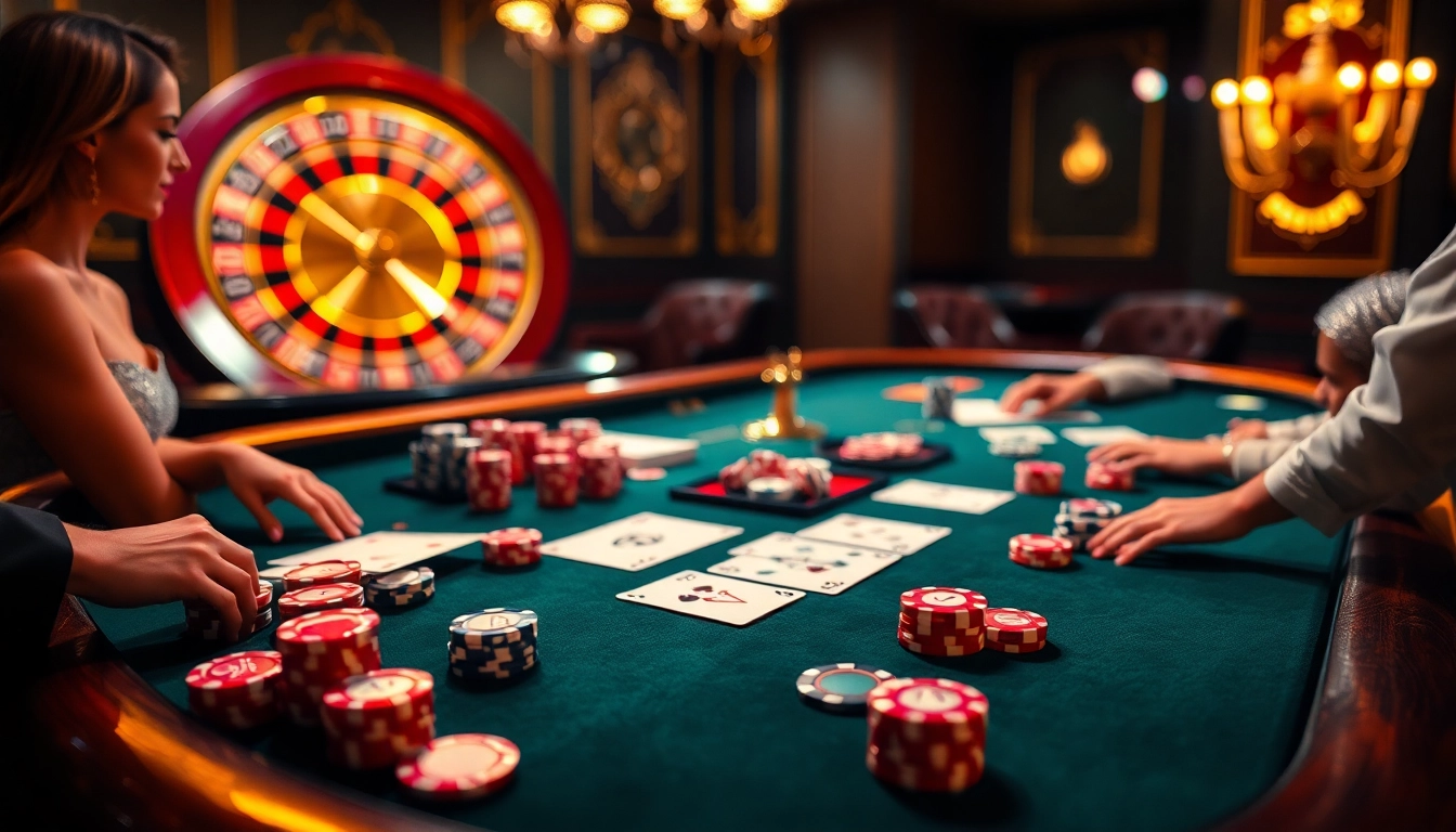 Suasana poker yang menarik menggambarkan daftar idn poker dengan chip yang berwarna-warni, kartu, dan pemain yang bersemangat.