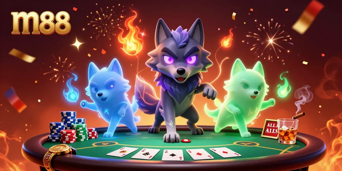 Engage in thrilling m88 poker action with ghostly wolves and vibrant casino elements.