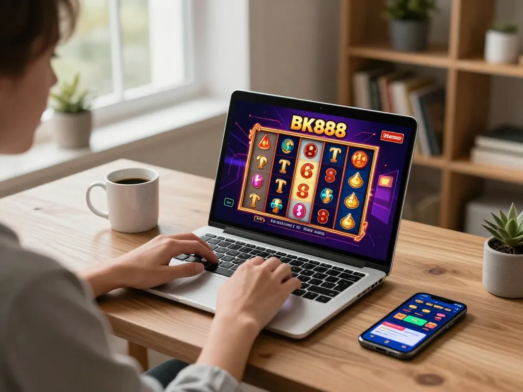 Player enjoying BK888 online casino slots in a cozy home office setting with laptop and betting app.