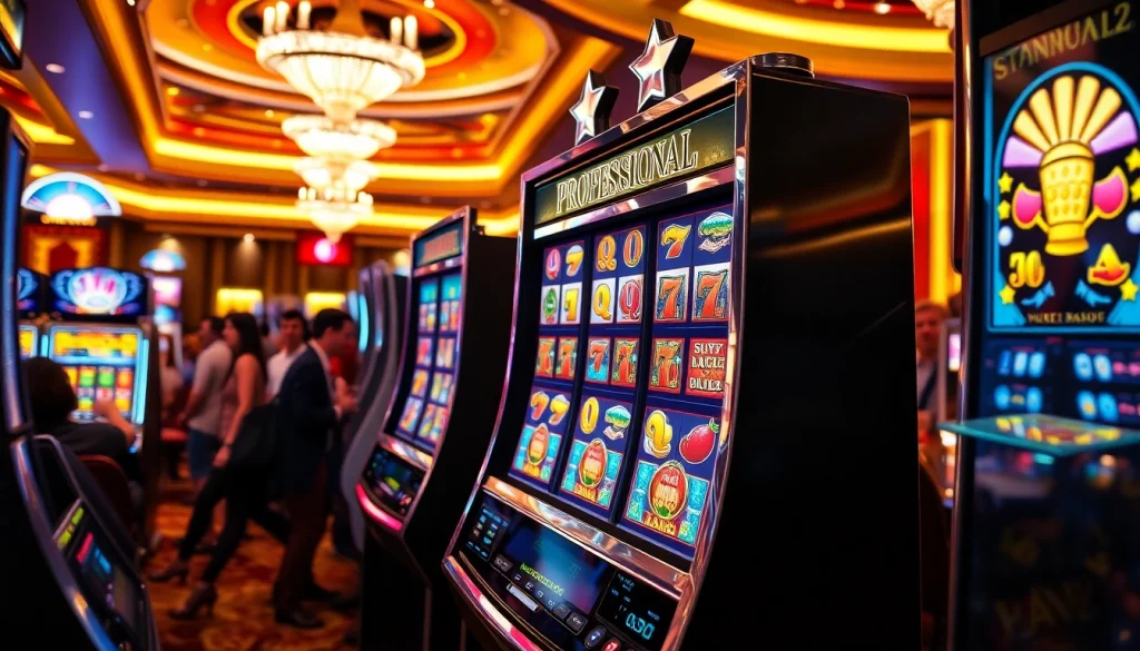 Menggambarkan slot mesin dengan desain yang menarik dan sorotan pada permainan aktif di kasino.