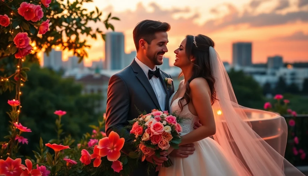 Tampa weddings: A joyful couple embracing during a sunset ceremony, framed by lush greenery.