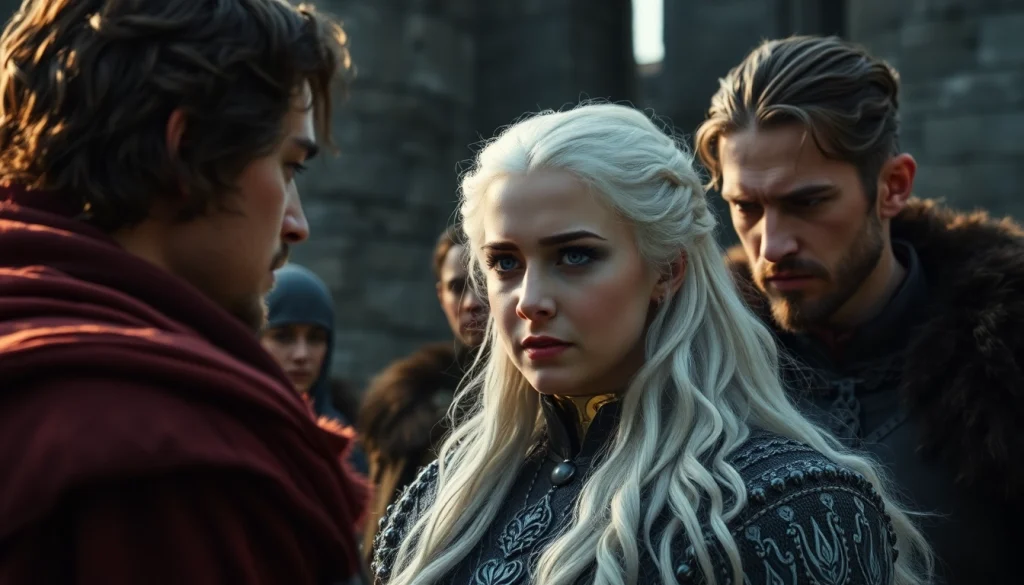 Engaging scene featuring the game of thrones cast with Daenerys, Jon, and Tyrion