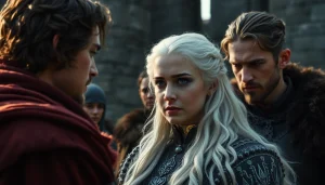 Engaging scene featuring the game of thrones cast with Daenerys, Jon, and Tyrion