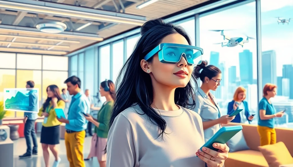 Engaging technology scene depicting individuals using advanced devices in a modern workspace.