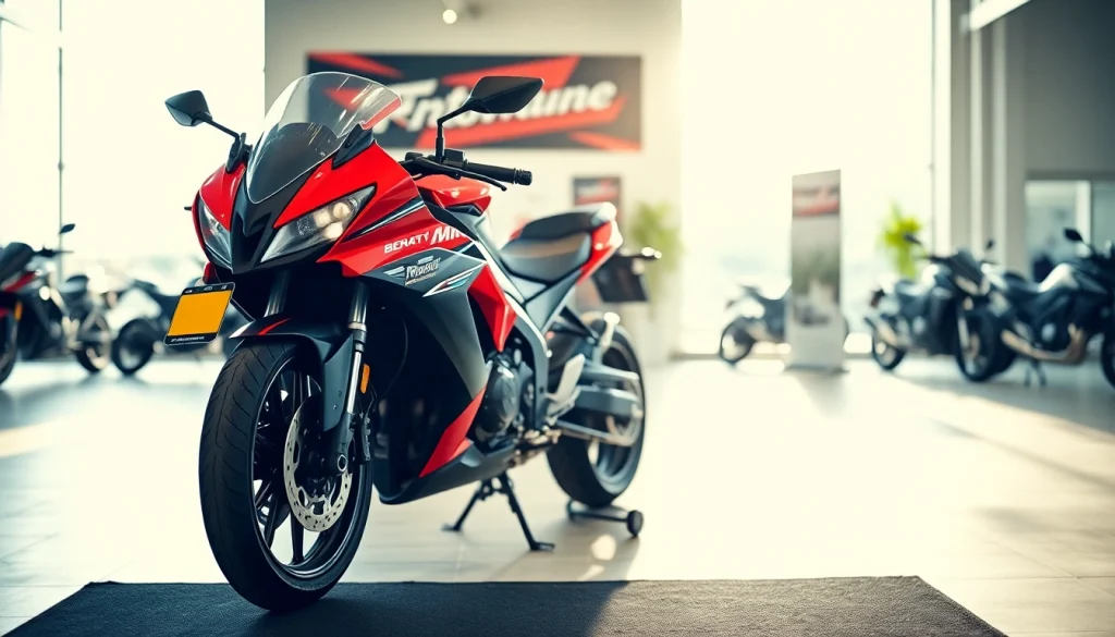 Motorrad verkaufen in einem modernen Verkaufsumfeld mit einem eleganten Motorrad im Mittelpunkt.