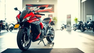 Motorrad verkaufen in einem modernen Verkaufsumfeld mit einem eleganten Motorrad im Mittelpunkt.