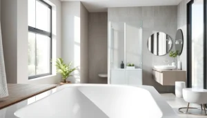 Admirez la paroi de douche moderne avec ses panneaux en verre dans une salle de bain contemporaine.