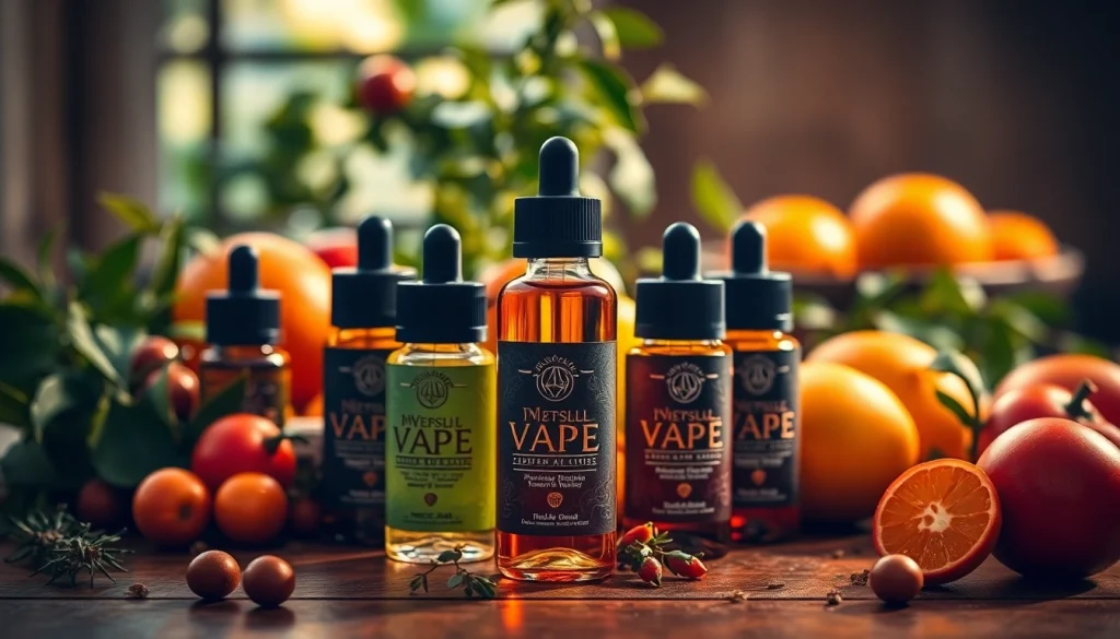 Verschiedene liquid-Flaschen auf einem Tisch, umgeben von frischen Früchten und Kräutern.