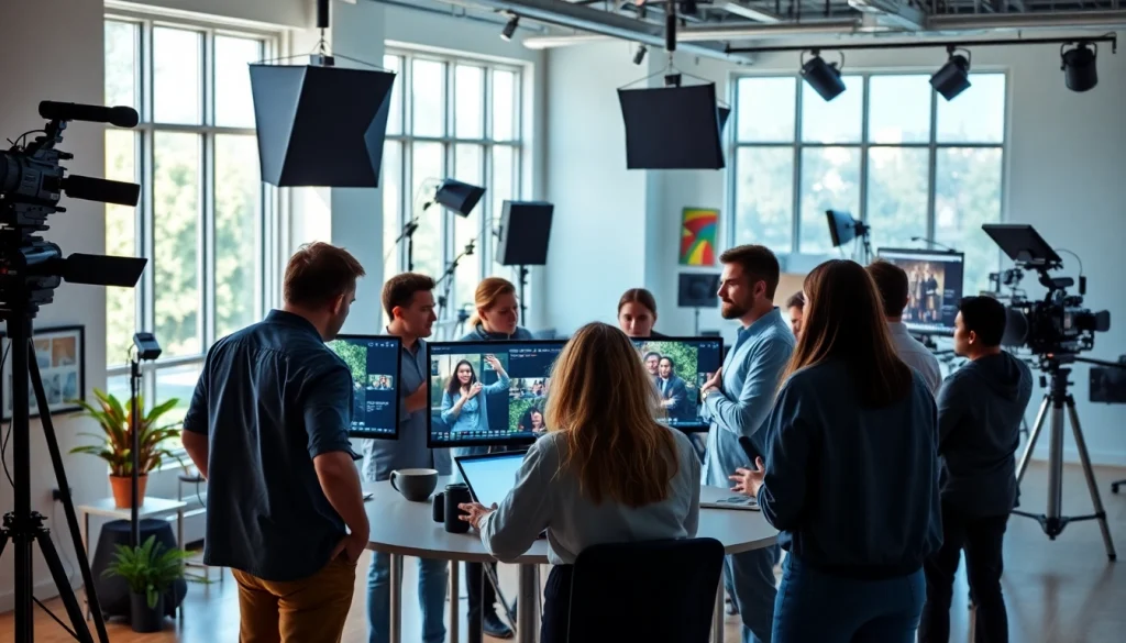 Team of a video production agency collaborating creatively in a modern studio environment.