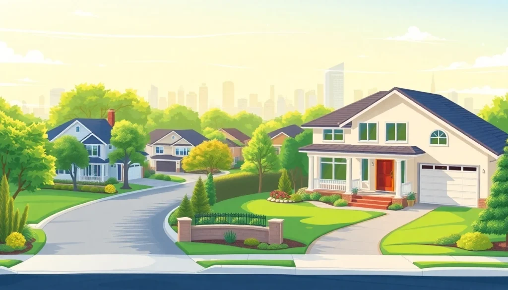 Showcasing a vibrant real estate market with elegant homes and a suburban skyline.