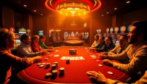 Players enjoy a thrilling poker game at kjc's lavish casino table, surrounded by bright poker chips and luxury ambiance.
